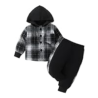 My First Christmas Baby Boy Outfit Fall Winter Toddler Baby Clothes 2Pcs Plaid Hooded Sweatshirt and Pants Sweatsuit