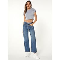 Jeans for Women Pants for Women Women's Jeans Slant Pocket Straight Leg Jeans (Color : Medium Wash, Size : W27 L32)