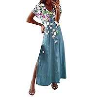2024 Women Short Sleeve V-Neck Slit Dress Relaxed-fit Long Maxi Dress Casual Shirt Dress Beach Dress with Pockets
