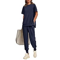 PRETTYGARDEN Women's Summer 2 Piece Outfit Tracksuits Casual Short Sleeve Tops High Waisted Sweatpants Set