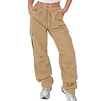 MEROKEETY Women's Parachute Cargo Pants Y2K Baggy Drawstring Elastic Waist Casual Trousers with Pockets