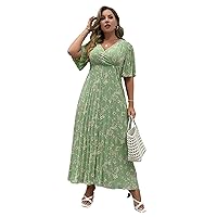 Womens Plus Size Dresses Summer Surplice Neck Floral Print Pleated Dress (Size : 4X-Large)