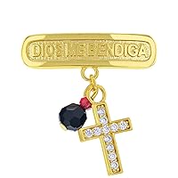 Gold Plated Religious Cross Simulated Azabache Evil Eye Protection Pin Brooch for Babies and Toddlers - Elegant Christian Cross Simulated Azabache Evil Eye Protection Charm Jewelry