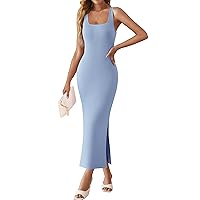 ZESICA Womens Summer Casual Square Neck Bodycon Midi Dresses 2024 Spring Sleeveless Side Slit Knit Beach Vacation Long Dress