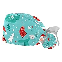2 Pcs Bouffant Cap with Button Ponytail Pouch Cotton Working Hat Sweatband Adjustable Surgical Cap Christmas Santa
