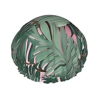 Green Palm Tree Leaves Printed Shower Cap for Women Waterproof Bath Caps Reusable Double Layered Shower Hat Bathing Shower Caps for Men Ladies Spa Salon