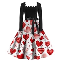 Women's Red Valentines Dress Casual Fashion Square Neck Long Sleeve Cute Day Dresses Printed Vintage, S-2XL