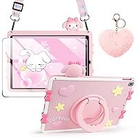 for iPad 9th Generation Case 8th 7th Gen 10.2 Inch with Screen Protector Rotating Folding Stand Adjustable Removable Lanyard Keychain Cute Soft Silicone Kid Girl Full Body Protective Tablet Cover