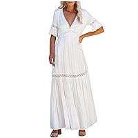 Womens Swiss Dot Lace Patchwork Empire Waist Dress Summer Deep V Neck Puff Sleeve Pleated Elegant Maxi Dresses