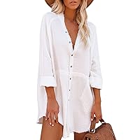 Pink Queen Women's V Neck Long Sleeve Button Down Blouse Tunic Shirt Mini Dress with Pockets