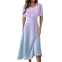 Formal Short Sleeve Flowy Midi Dress Trendy Summer Sexy V Neck Smocked Swing Party Dress Elegant Floral Tunic Dress
