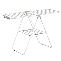 SONGMICS Clothes Drying Rack, with Sock Clips, Metal Laundry Rack, Foldable, Space-Saving, Free-Standing Airer, with Height-Adjustable Gullwings, Indoor Outdoor Use, White and Green ULLR052C01