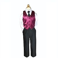 4pc Satin Burgundy Vest Black Boy Suit Set Baby Toddler Kid Wedding Formal S-4T (3T)
