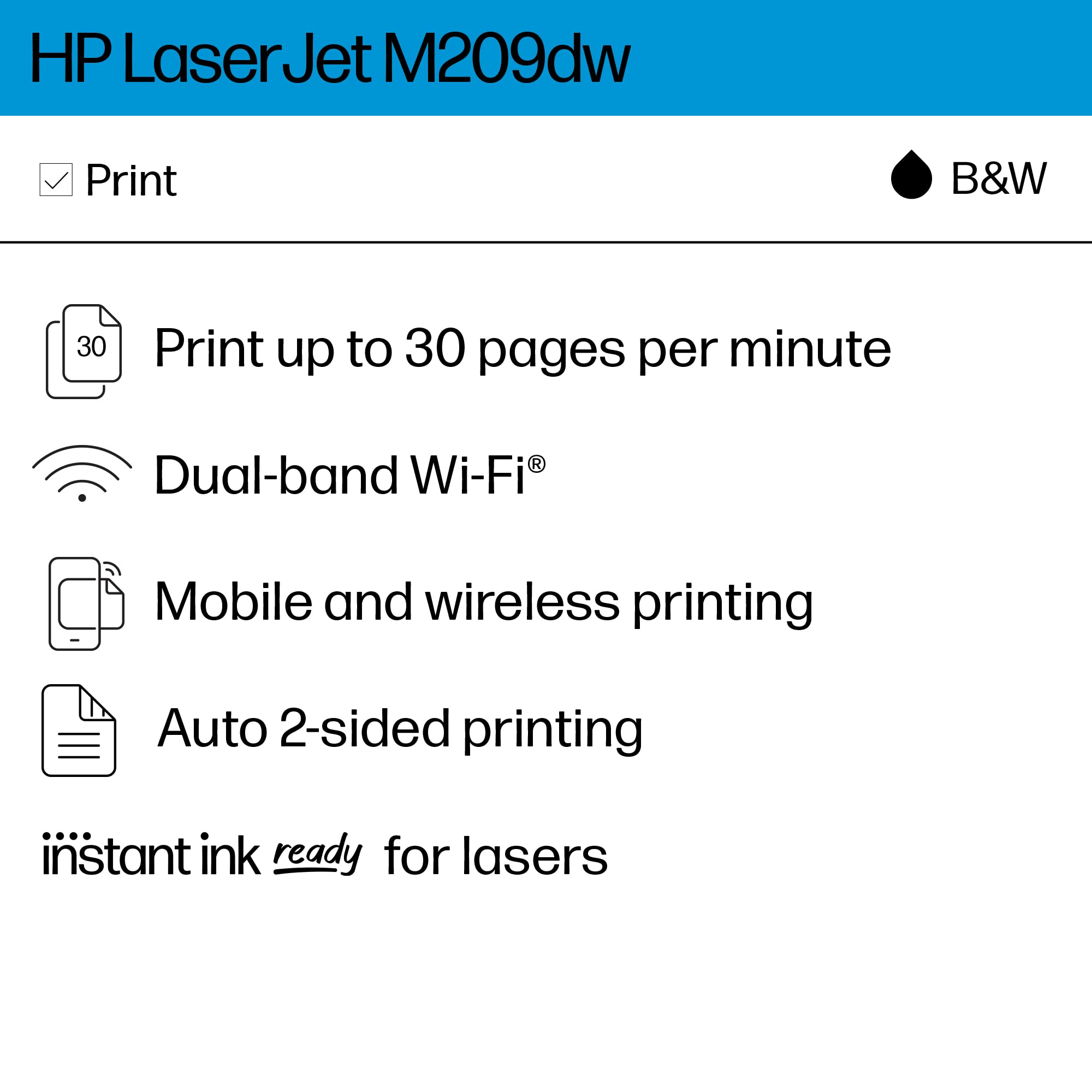 HP LaserJet M209dw Wireless Monochrome Printer with built-in Ethernet & fast 2-sided printing, Instant Ink ready (6GW62F) Gray