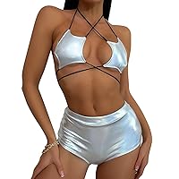 Women Metallic Rave Outfit Shiny Crop Top Bra Skirt Fringe Swimsuit Music Festivals Halloween Cosplay Alien Costume