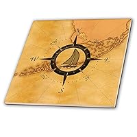3dRose Tile, Nautical map with Compass Rose and Sailboat
