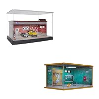 1/64 Scale Diecast Parking Garage Moldel 2-Tires and 1/18 Scale Hot Wheels Display Case with LED Light Acrylic Cover