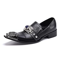 Men's Dress Loafers Metal Pointed Dragon Tip Genuine Leather Rhinestone Beaded Slip On Wedding Business Strap Tuxedo Fashion Formal Shoes
