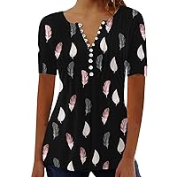 Womens Feather Printed Summer Tops V Neck Buttons Up Henley T Shirts Pleated Tunics Casual Dressy Work Blouses