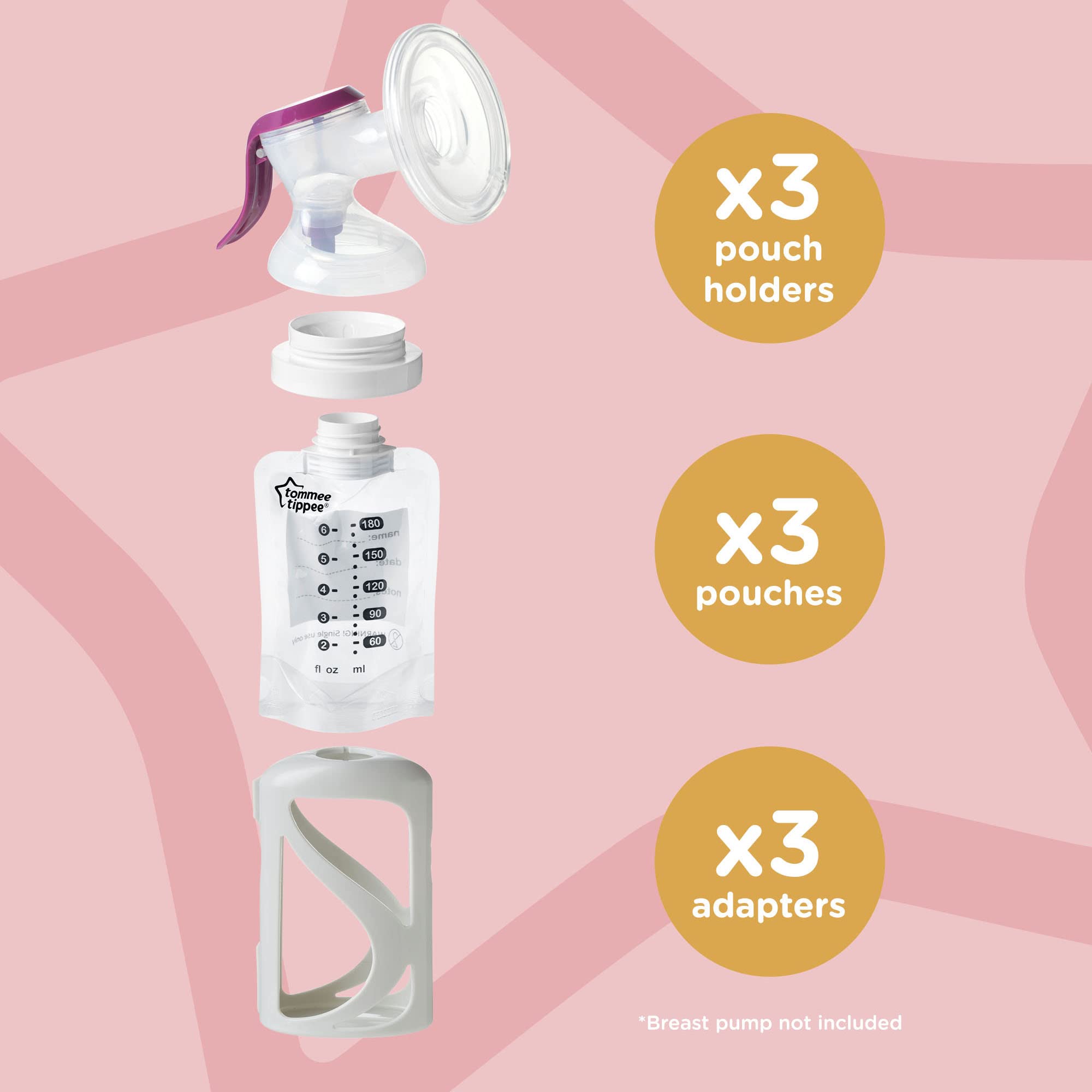 Tommee Tippee Breast Milk Starter Set, Compatible With All Leading Breast Pumps, Includes Breast-Like Nipples, 3x Milk Pouch Bottle Holders, 3x Pre-Sterilized Breastmilk Pouches And Adapter Set