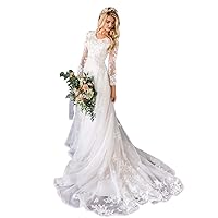 Women's Bohemian Wedding Dresses Scoop Neck A Line Lace Bridal Gown Bead Pearls with Long Sleeve