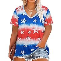 RITERA Plus Size V Neck Tops for Women Summer Star Flag Print Tshirt National Day Tshirt Holiday Casual Tunic V Neck Short Sleeve Blouse July Fourth Henley Shirt 3X 22W 24W