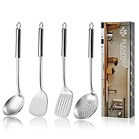 Pleafind 4-Pcs Cooking Utensils Set, Stainless Steel Kitchen Utensils, Wok Utensils Set Include Wok Ladle, Slotted Spoon, Wok Spatula and Slotted Spatula, Dishwasher Safe