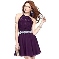 Women's Lace Top Beaded Belt Halter Party Prom Dresses Sleeveless Backless Short Chiffon Homecoming Dresses