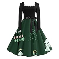 Womens Dresses Trendy Christmas Tree Print Long Sleeve Tie Wsist Square/V Neck Dress Casual Slim Fit A Line Dress