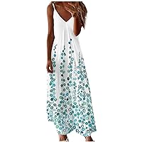 Women's Bohemian Print V-Neck Glamorous Dress Flowy Casual Loose-Fitting Summer Swing Sleeveless Long Floor Maxi Beach Light Blue