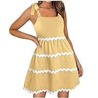 Summer Dresses for Women 2024 Striped Sleeveless Lace up Knee Length Pleated Sundress Casual Swing Smocked Beach A Line Dress