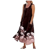 Vacation Dresses for Women Summer Loose Round Neck Printed Sleeveless Large Swing Dress with Pockets