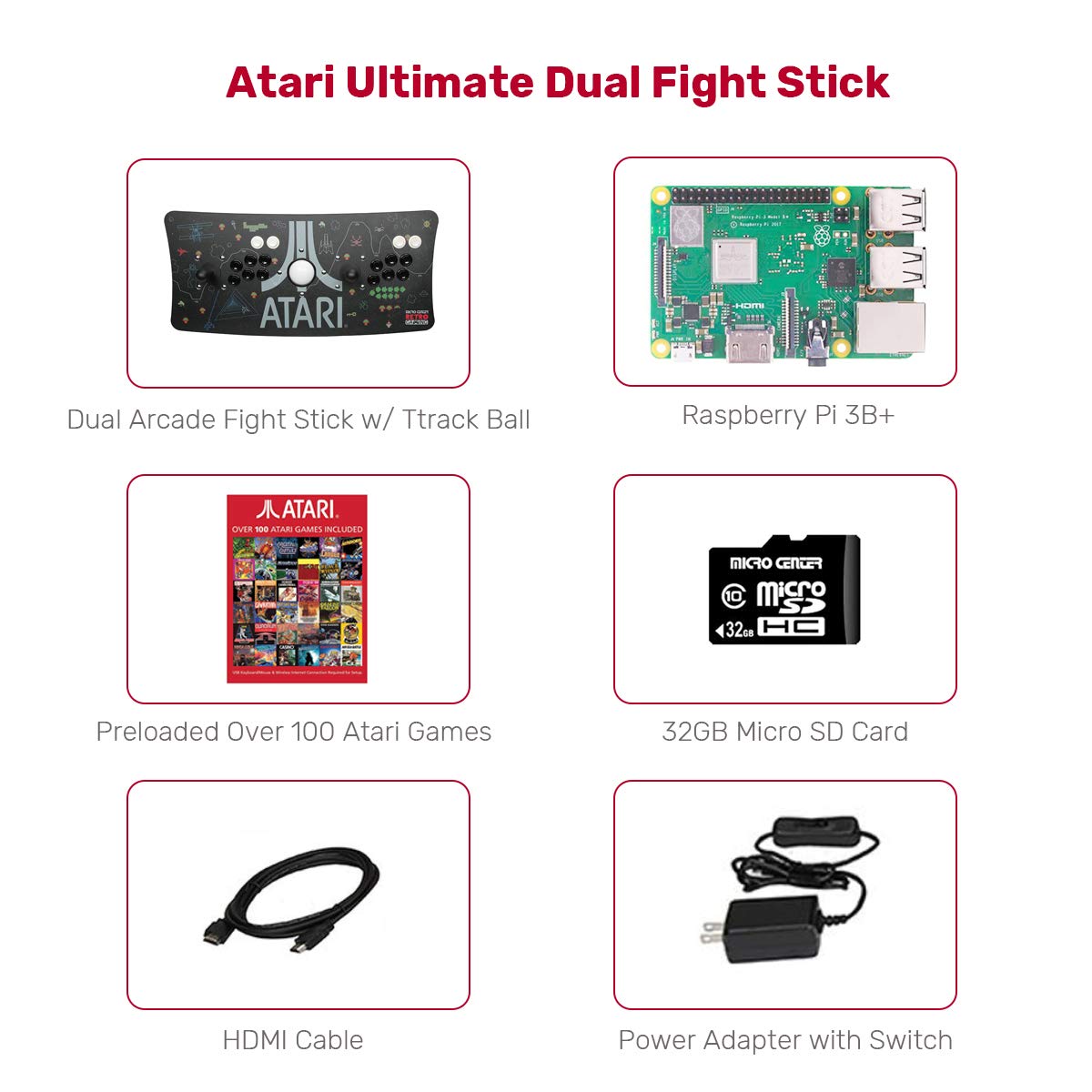 Atari Ultimate Arcade Fightstick USB Dual Joystick with Trackball 2 Player Game Controller Powered by Raspberry Pi 3B+ 1GB RAM 32GB Micro SD Card Preloaded Over 100 Classic Atari Games