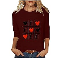 2024 Love Heart Shirts Women Trendy Valentines Day Pullover Funny Cute Graphic Crewneck Loose 3/4 Sleeve Tops