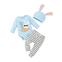 My First Easter Baby Boy Outfit Rabbit Romper+Stripe Pants +Rabbit Ear Hat 3pcs Clothing Set 0-12months