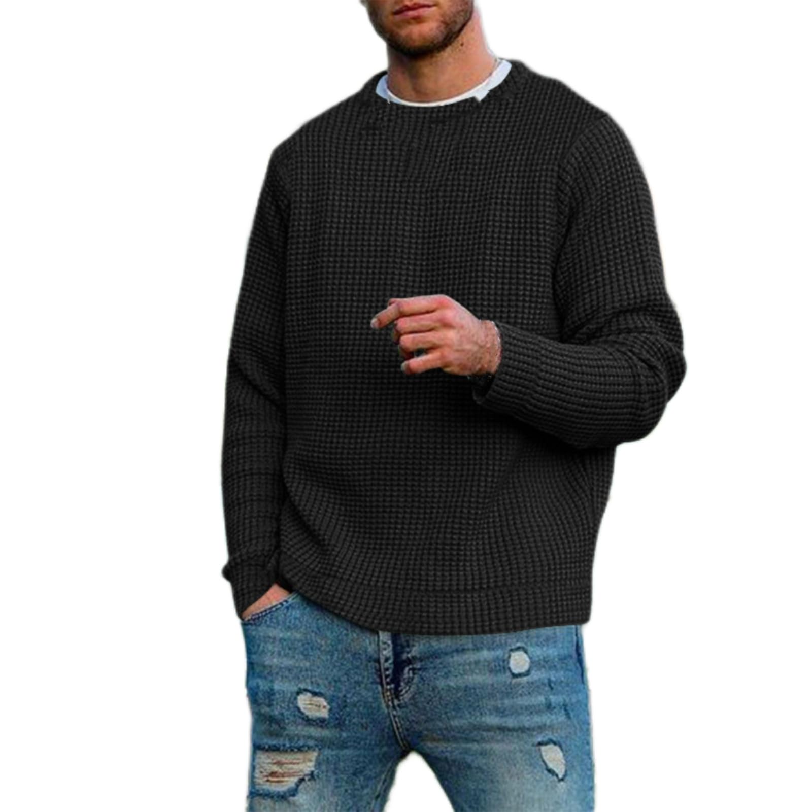 Men's Crew Neck Sweater Casual Long Sleeves Loose Fit Pullovers Solid Color Waffle Knit Jumper Sweaters