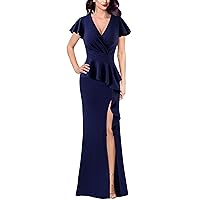 VFSHOW Womens Ruched Wrap V Neck Ruffle Formal Prom Peplum High Slit Maxi Dress 2023 Wedding Guest Cocktail Evening Long Gown