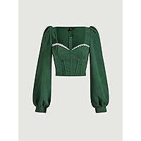 Women's Tops Sexy Tops for Women Shirts Sweetheart Neck Lace Trim Puff Sleeve Bustier Blouse Shirts for Women (Color : Dark Green, Size : Medium)