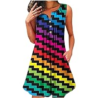 Summer Gay Pride Tunic Dresses Women Sleeveless Button V Neck Henley Sundress Cute Babydoll Mini Dress with Pockets