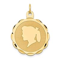 Solid 14k Yellow Gold Girl Head on .013 Gauge Scalloped Disc Customize Personalize Engravable Charm Pendant Jewelry Gifts For Women or Men (Length 1.13