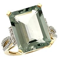 10K Yellow Gold Natural Diamond Green Amethyst Ring Emerald-cut 16x12mm, sizes 5-10