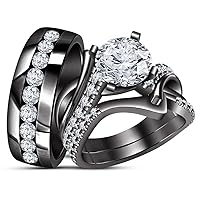 Trio Matching Couple Rings Wedding Engagement Ring Band Set,925 Sterling Silver Round D/VVS1 Diamond 14K Black Gold Plated trio ring set