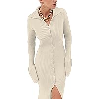 Women's V Neck Button Down Long Sleeve Dress Cardigan Ribbed Knit Sweater Dress Casual Bodycon Party Maxi Dress