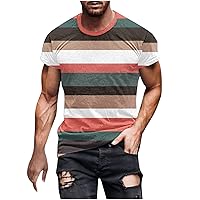 Mens Casual Slim Fit Tunic Tops Round Neck Muscle T Shirt Short Sleeve Stripe Printed Summer Shirts Soft Lightweight Tees