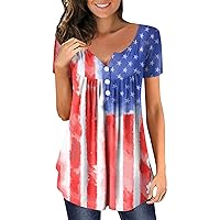 4th of July Oversized T Shirts for Women's V-Neck Pleated Button Front Cute Tunic Henley Tops