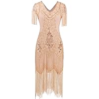 Women's 1920s Art Deco Fringed Sequin Dress Gatsby Costume Dress with Sleeve YLS018