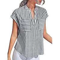 chouyatou Women's Loose Fit V-Neck Striped Summer Tops Business Casual Cap Sleeve T-Shirts