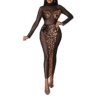 Womens Sexy Long Sleeve Turtleneck Mesh Sequins Bodycon Party Clubwear Casual Dress
