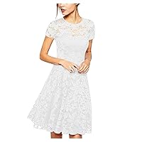 Womens Summer Dresses 2024 Summer Casual Solid Color O-Neck Side Zipper Short-Sleeve Stitching Lace with A-line Dress