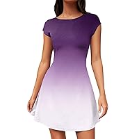 Summer Mini Dresses for Women 2024 Crewneck Cap Sleeve Work Out a Line Dress Flare Short Sleeve Stretchy Mini Basic Dresses Today Deals Prime(3-Purple,Medium)